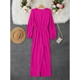 thumbnail image 3 of Womens Elegant Hot Pink V-Neck Long Sleeve Shirred Waist Wide Leg Jumpsuit, 3 of 4