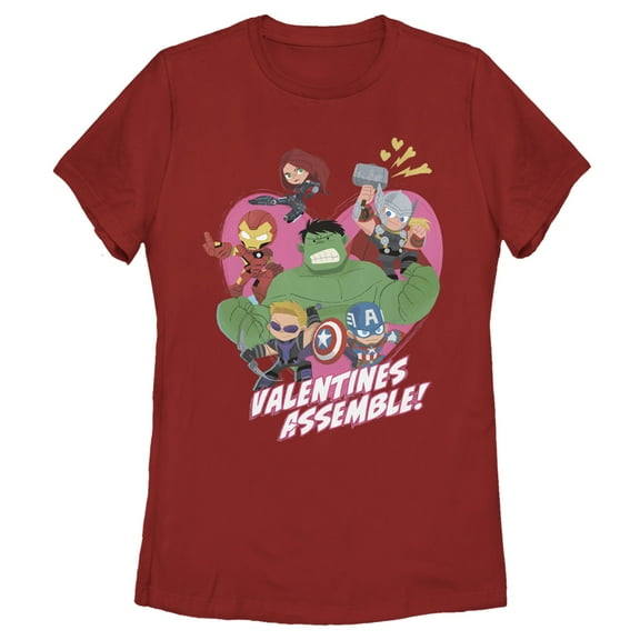 Women's Marvel Avengers Kawaii Valentines Assemble  Graphic Tee Red X Large