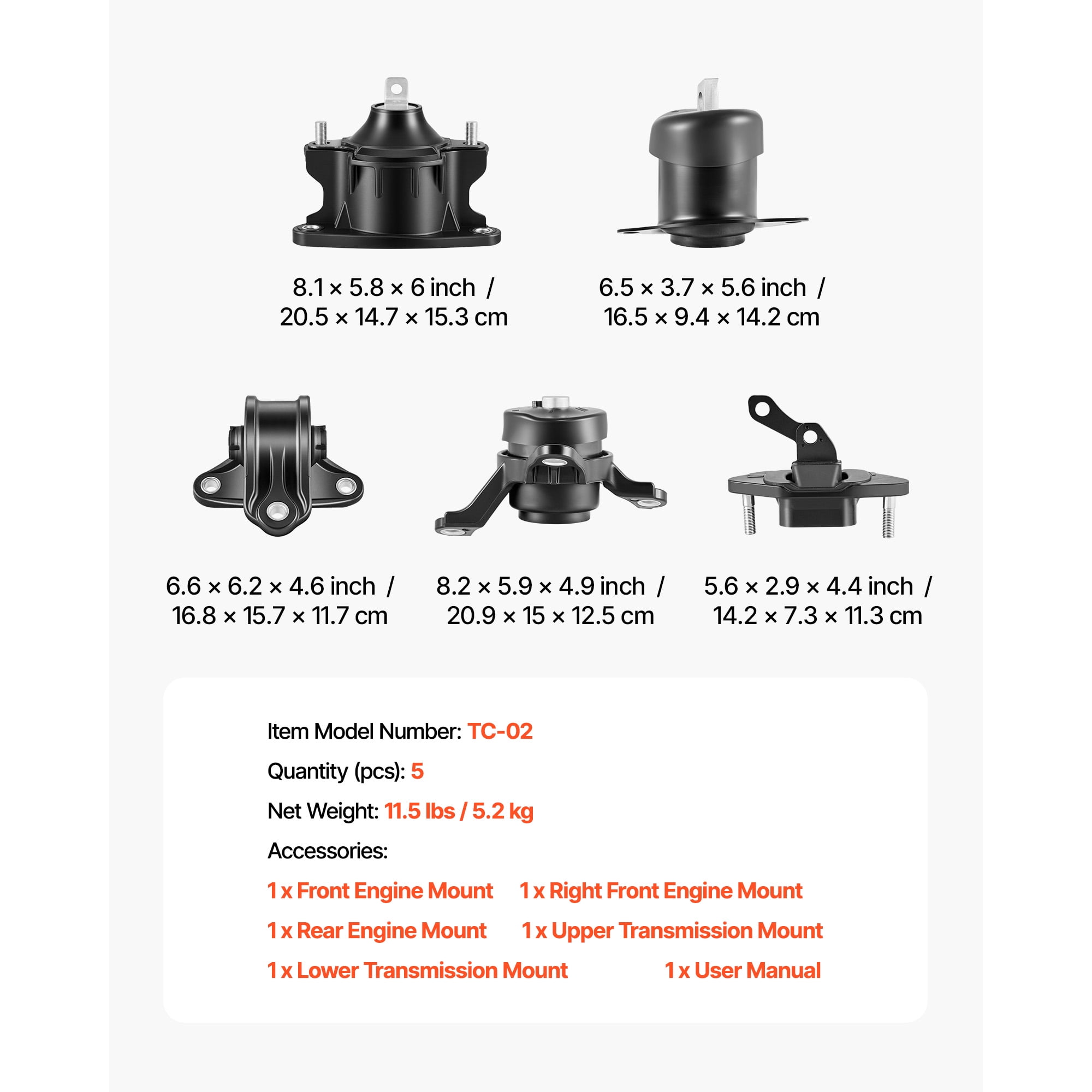 KFFKFF Engine and Transmission Mount Kit Replacement, Set of 5, Compatible with 2008-2012 Honda Accord 2.4L L4 and 2009-2013 Acura TSX 2.4L, Replace OE# A4565 A4572 A4570 A4584 A4561