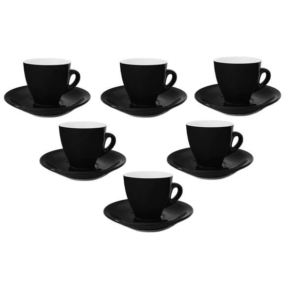 HOMEHUT Espresso Cups and Saucers Set of 6 - 3 Oz Porcelain Demitasse Cups, Black Coffee Cup Set with Matching Saucers, Microwave and Dishwasher Safe Small Espresso Cups for Home and Café Use