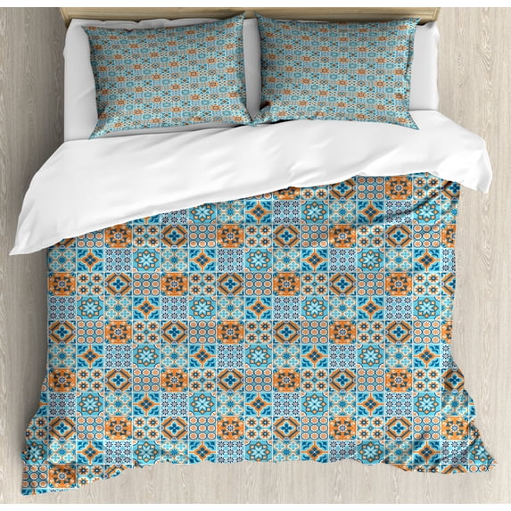 Moroccan Duvet Cover Set King Size, Various Different Flower Design Graphic Ornament Pattern Arabesque, Decorative 3 Piece Bedding Set with 2 Pillow Shams, Pale Dark Blue Orange, by Ambesonne