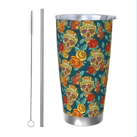 

Matuu Skull And Flowers for 20oz Durable Thermal Cups Keep Drinks Cold and Hot Insulated Car Mug with Lid-Straw Two-piece Set