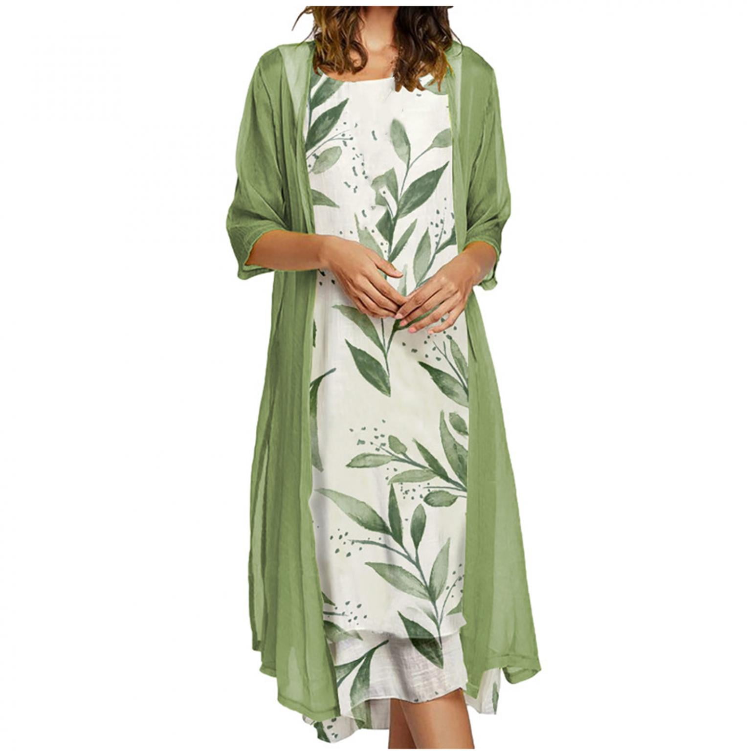 Womens Casual Comfy Floral Print Round-Neck Sleeveless Summer Midi Dress & Solid Cardigan Coat Two-Piece Set 