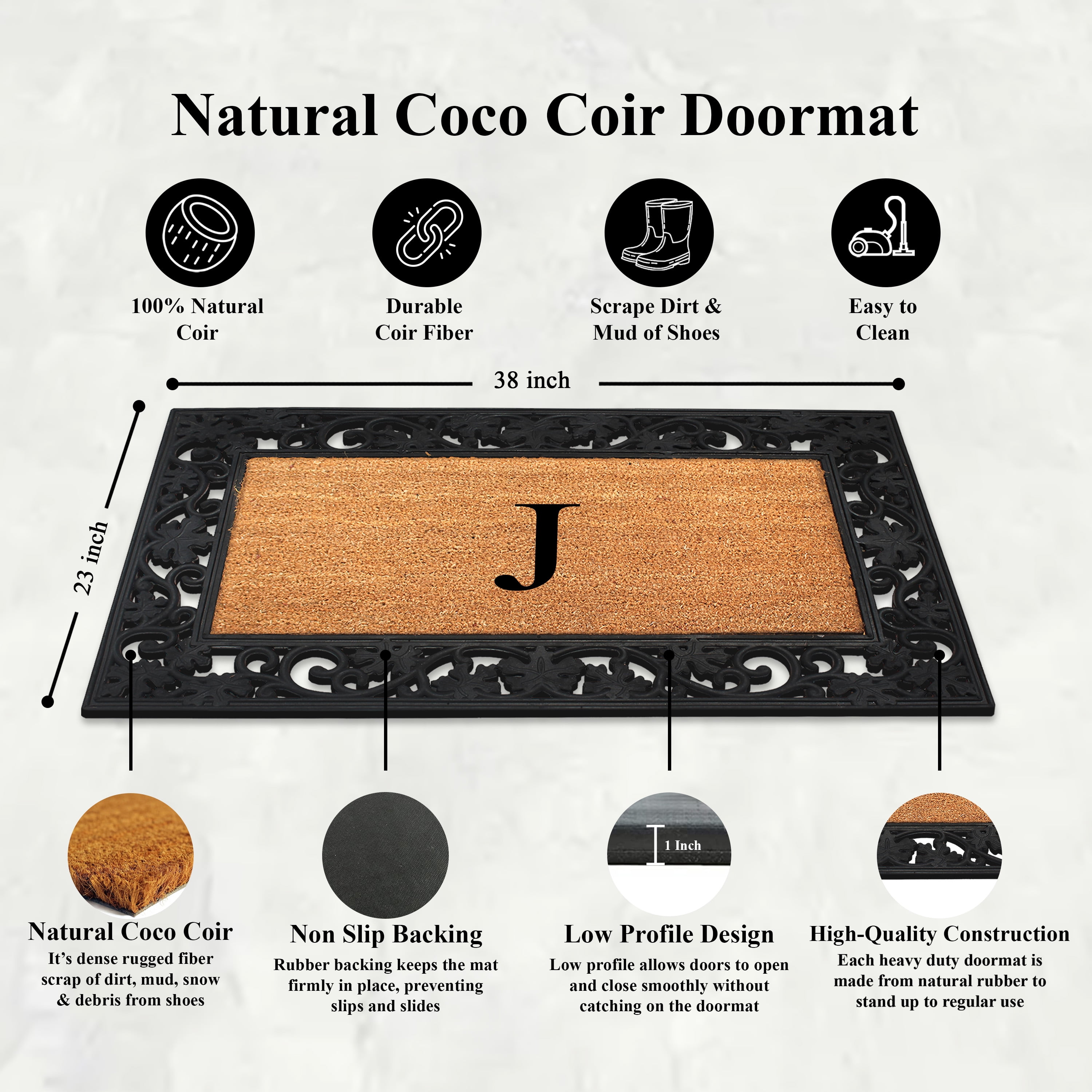 A1 Home Collections Rubber Coir Doormat Outdoor Entrance Floor Entryway Mat, Beige/Black, 23"x 38"