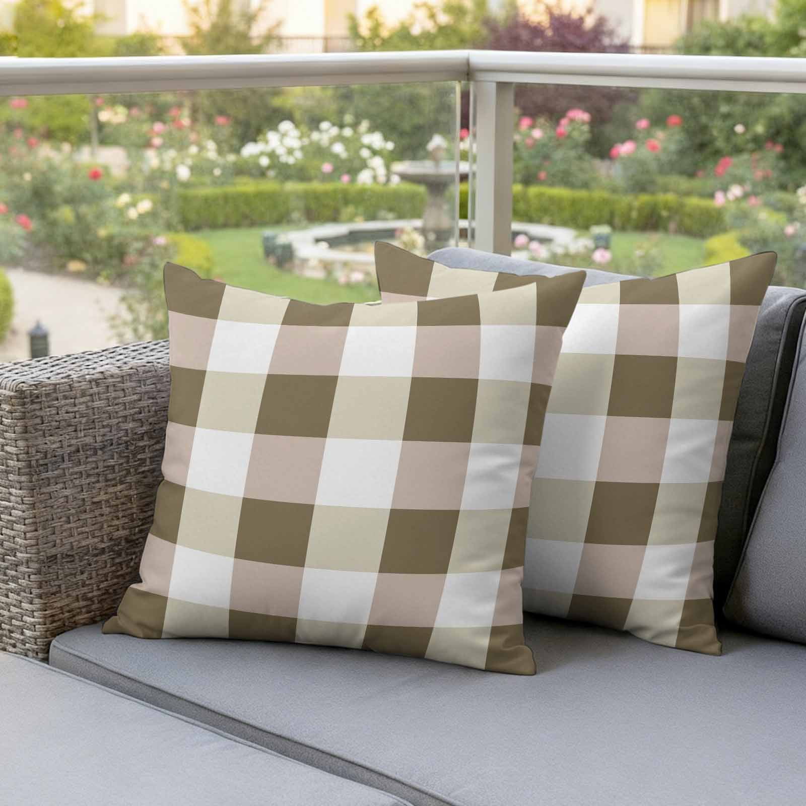 Pack of 2 Outdoor Pillow Covers,Waterproof Brown Plaid Throw Pillow Covers,Spring Summer Farmhouse Buffalo Checkered Decorative Pillowcases Cushion Covers for Couch Pillow Sham Protector 18x18 Inch