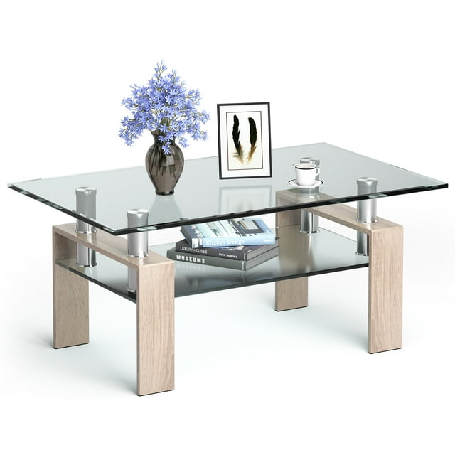 Costway Table Basse Rectangulaire en Verre Pieds en Métal Table d'Appoint Salon Nature