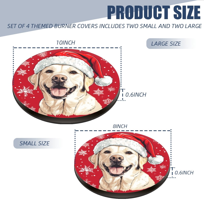 Christmas Round Burner Covers for Electric Stove, Labrador in Santa Hat Metal Durable Xmas Decor Gas Stove Burner Covers Set of 4 for Kitchen Holiday, 8 Inches and 10 Inches