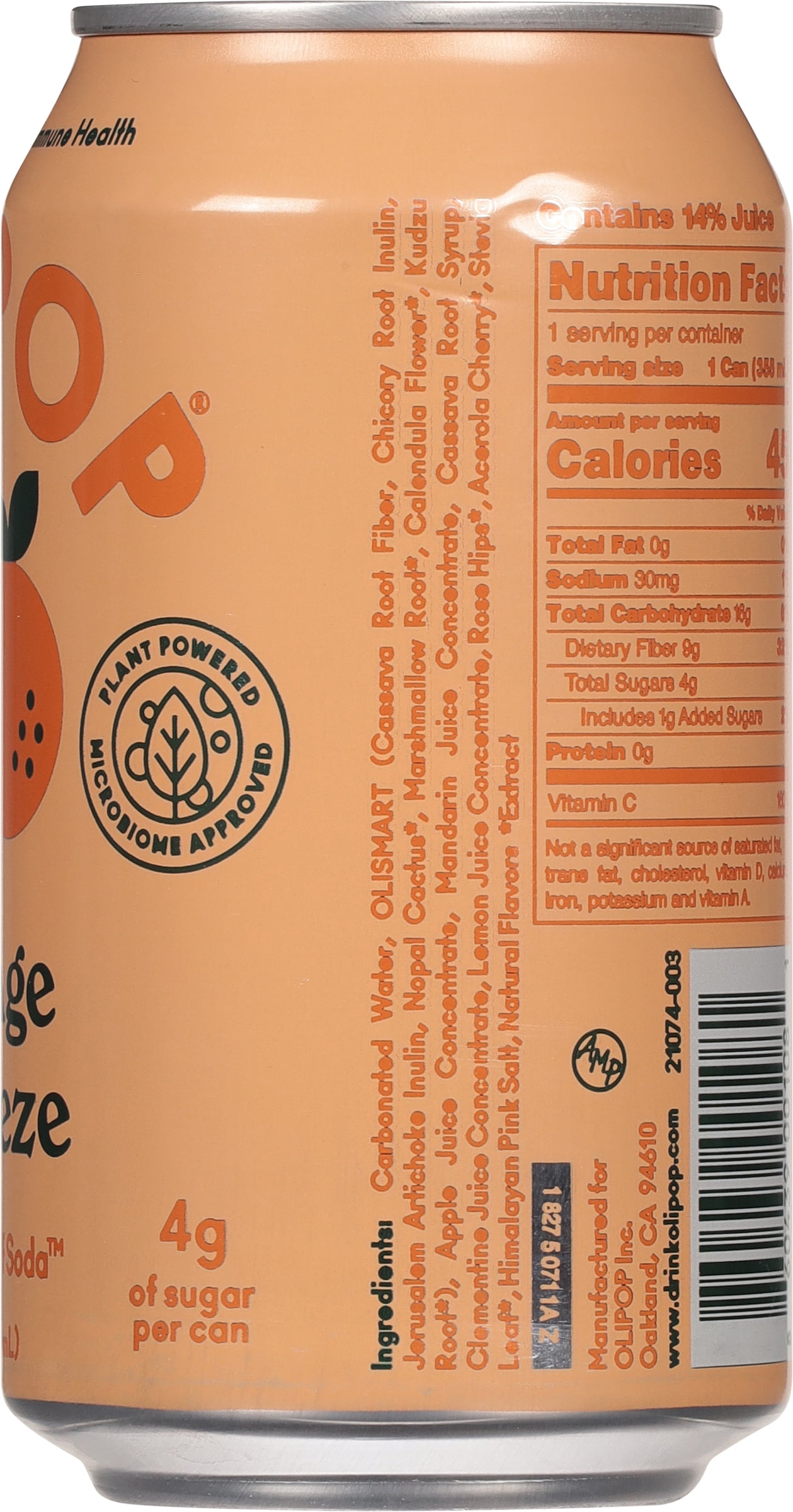 OLIPOP 9g Fiber Prebiotic Soda, Orange Squeeze, 12 fl oz, 12 Pack, Refrigerated