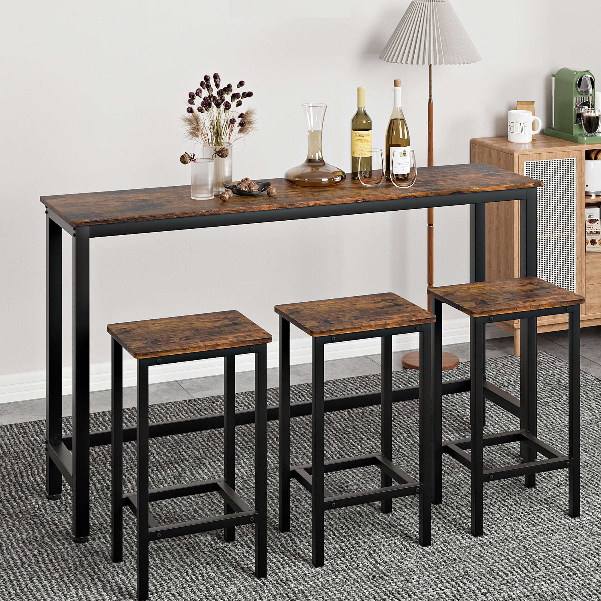 ATHMILE Brown Counter Height Extra Long Dining Table Set with 3-Stools Pub Kitchen Set Side Table with Footrest