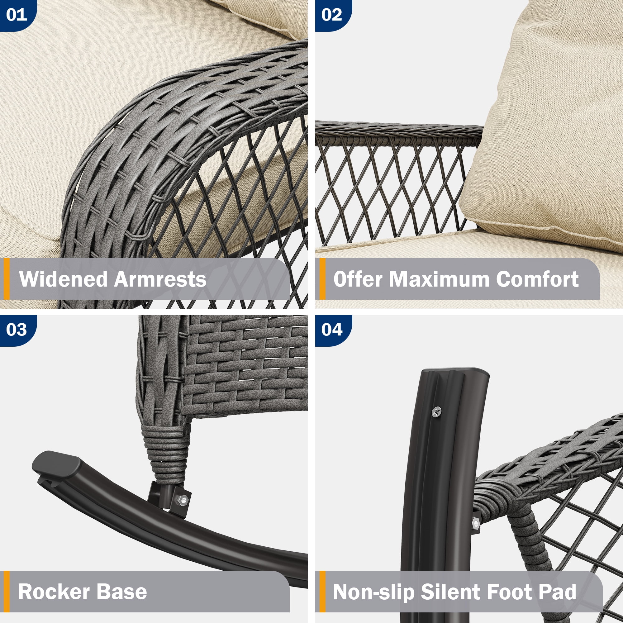 MRUAKA Outdoor Rocking Chairs Set of 3, Wicker Patio Furniture with Thickened Cushions and Table for Porch，350lbs Weight Capacity(Gray & Off-white)