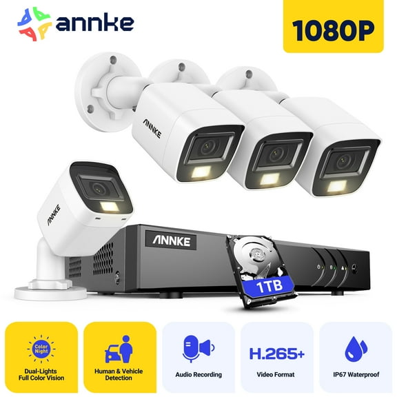 ANNKE 8CH Wired Outdoor Security Camera System with AI Human/Vehicle Detection, 5MP Lite H.265 CCTV DVR Recorder and 4 x 1080P Surveillance Cameras, Email Alert with Snapshots, 1TB HDD, White