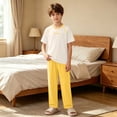 thumbnail image 5 of Kids 2 Piece Lounge Outfits Short Sleeve Crew Neck Tees Elastic Waist Pants Soft Comfy Loose Homewear Set (12-13 Years, Yellow|Block), 5 of 5