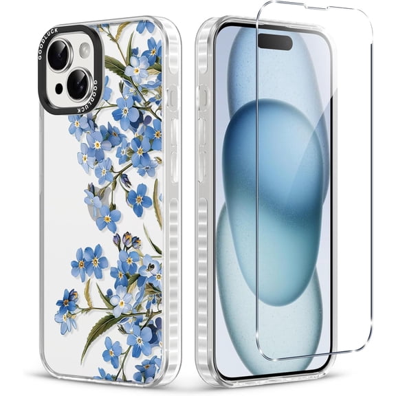 for iPhone 15Case Floral with Screen Protector, Clear Slim Soft Protective Shockproof Phone Cover, Cute Stylish Durable TPU Phone Case for Women Girls with Flower Pattern Design, Blue Flower