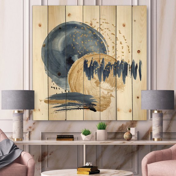 Designart 'Gold and Dark Blue Abstract Circle Ocean Texture' Modern Print on Natural Pine Wood