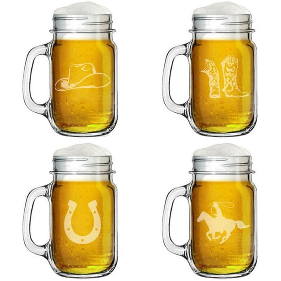 16oz Mason Jar Glass Mug w/Handle Gift Set of 4 Cowboy Collection