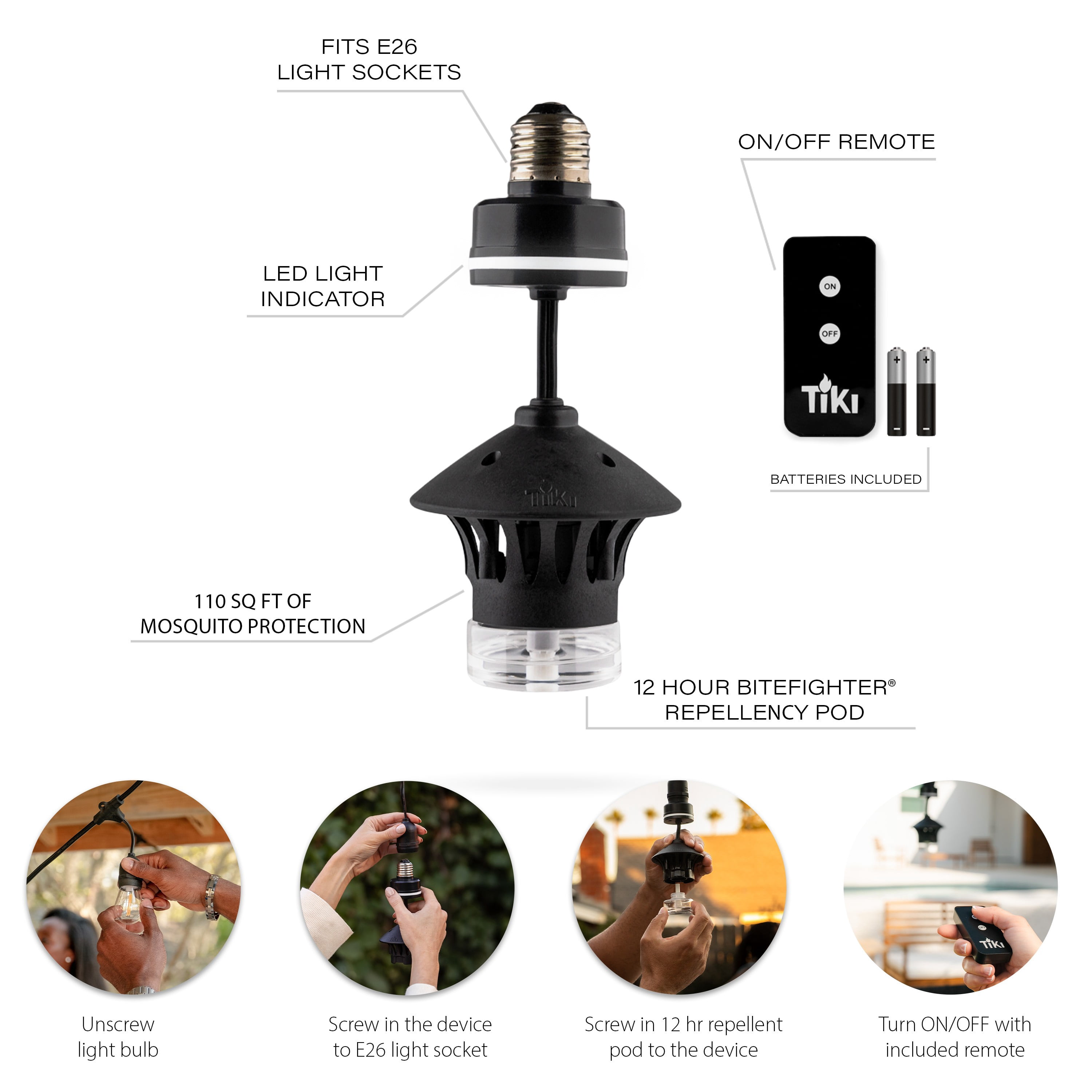 TIKI BiteFighter Plug & Repel Mosquito Repellent for Outdoor String Lights with 12-Hour Repellent Pod Included, Odor-Free, Easy Install, 110 sq. ft. Coverage
