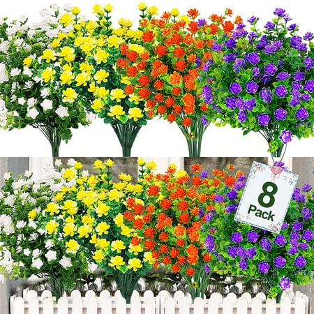Morttic 8Pcs Artificial Flowers Outdoor UV Resistant Fake Flowers Faux Plastic Flower Greenery Shrubs Plants for Indoor Outside Planter Home Garden Window Box Porch Decor( Color)