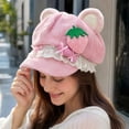 thumbnail image 2 of Cutecore Kawaii Cat Ears Beret Hat Y2K for Adult Women, Strawberry Cake Suede Octagonal Hat, Sweet Lolita Lace Bow Newsboy Cap Cosplay Accessory-Pink, 2 of 5