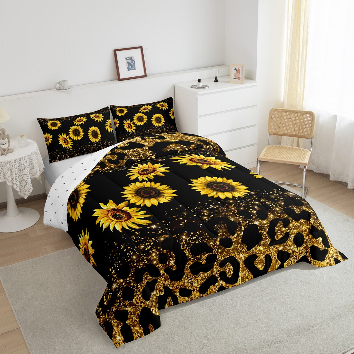Manfei Vibrant Sunflower Bedding Twin Comforter Set, Leopard Cheetah Print Down Comforter, Sequin Print Reversible Duvet Insert, Ultra Soft Room Decorative, 2pcs