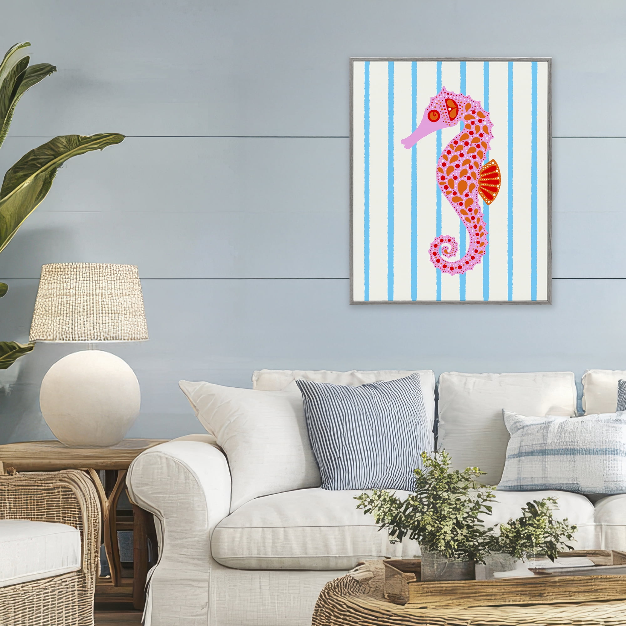Stupell Industries Boho Seahorse on Stripes Gray Framed Giclee Art, design by Indira Prieto | IndySign