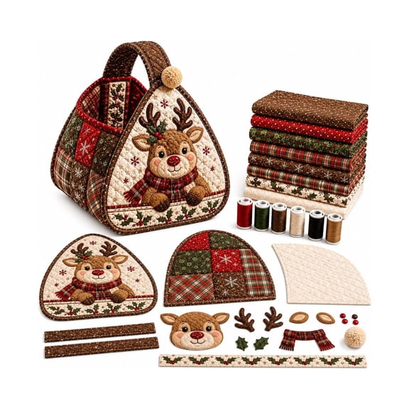 Clearance Fabric Art Christmas Crafts for Adults, Foldery Pre-Punched 3D Fabric Art Kit, Patchwork Basket Reindeer Christmas Crafts for Beginners