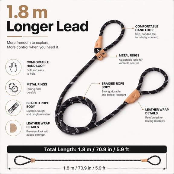 Durable Rope Dog Leash 1.8m/5.9ft, Braided Pet Lead With Comfortable Handle And Metal Hardware For Small Medium Large Dogs