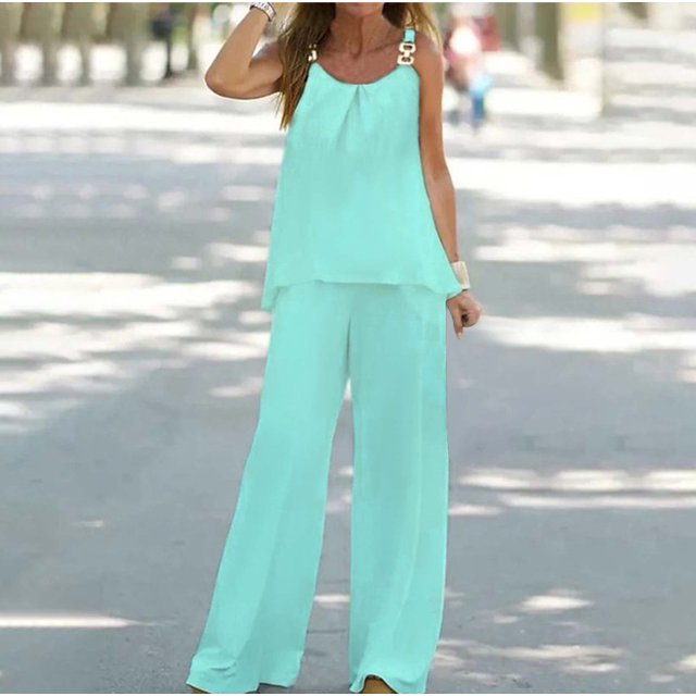 Ichuanyi liquidación de verano moda mujer hebilla de metal esling puro color sin mangas blusas de cuello redondo camisas tops puro color elástico cintura ancha de pantalones de piernas anchas juegos ICHUANYI WER202308210209