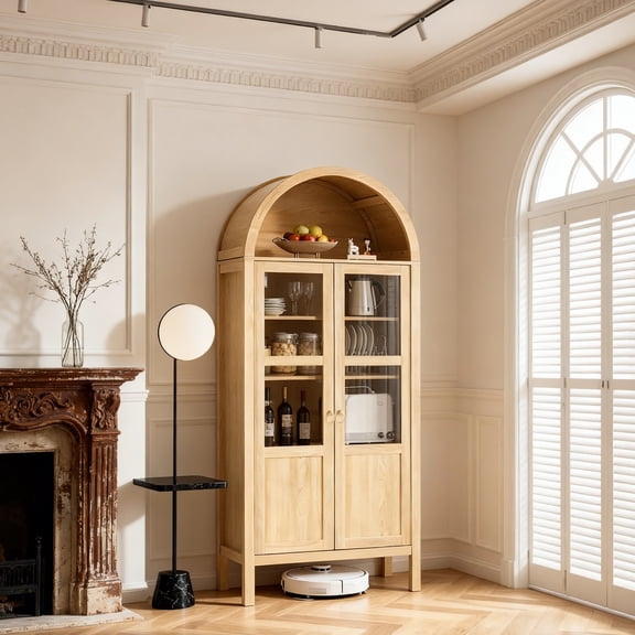 EDX Pantry Storage Cabinet, 71-Inch Wood Tall Storage Display Cabinet with Rounded Arched Top in Oak Finish and 2 Doors