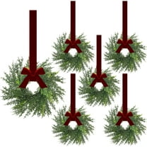 Guvpev 6 Pcs Small Christmas Cedar Wreaths 15.7 Inch Hanging Christmas Kitchen Cabinet Mini Wreaths Real Touch with Bow and Velvet Burgundy Red Ribbon for Door Chair Window Fireplace Xmas Home Decor