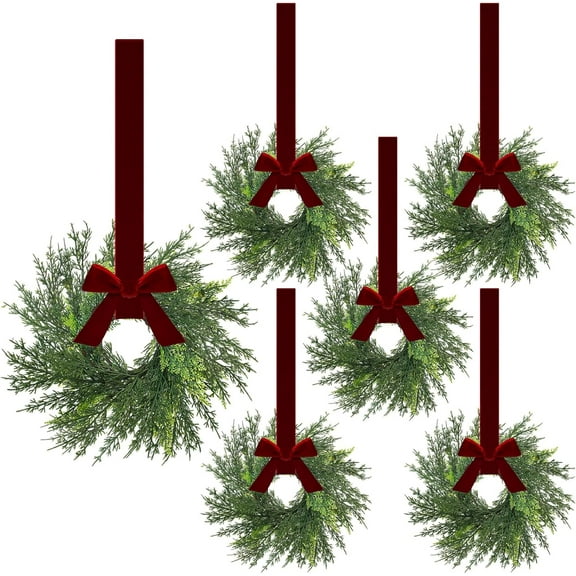 Guvpev 6 Pcs Small Christmas Cedar Wreaths 15.7 Inch Hanging Christmas Kitchen Cabinet Mini Wreaths Real Touch with Bow and Velvet Burgundy Red Ribbon for Door Chair Window Fireplace Xmas Home Decor