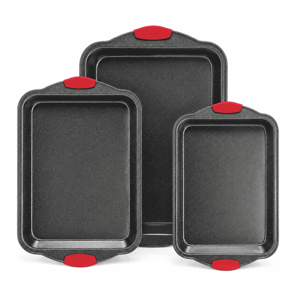 anveena 3-Piece Nonstick Baking Pan Set, Premium Steel Oven Bakeware with Red Silicone Handles, Commercial-Grade Restaurant Quality, Easy to Clean, Black