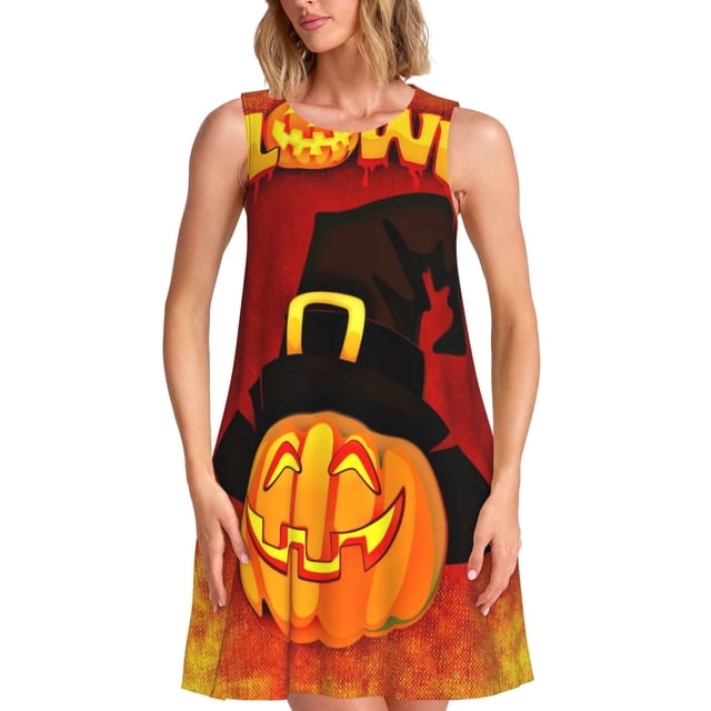 Fotbe Halloween Pumpkin Vestido de Verano sin Mangas para Mujer – Vestido Midi Línea A, Estilo Camiseta Floral, Vestido Playero Casual y Fluido