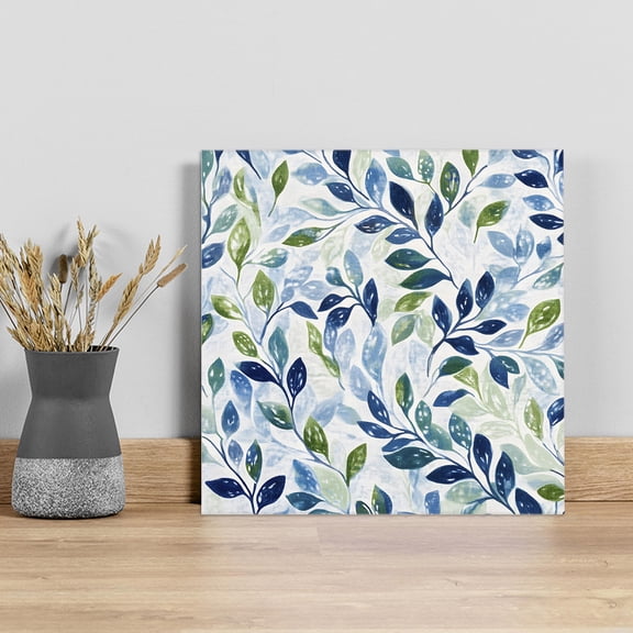 Navy Blue Leaves Wall Art Painting on Canvas, Green Summer Botanical Canvas Art Home Prints Wall Art Framed Modern Artwork for Living Room Bedroom Wall Decor 8x8in