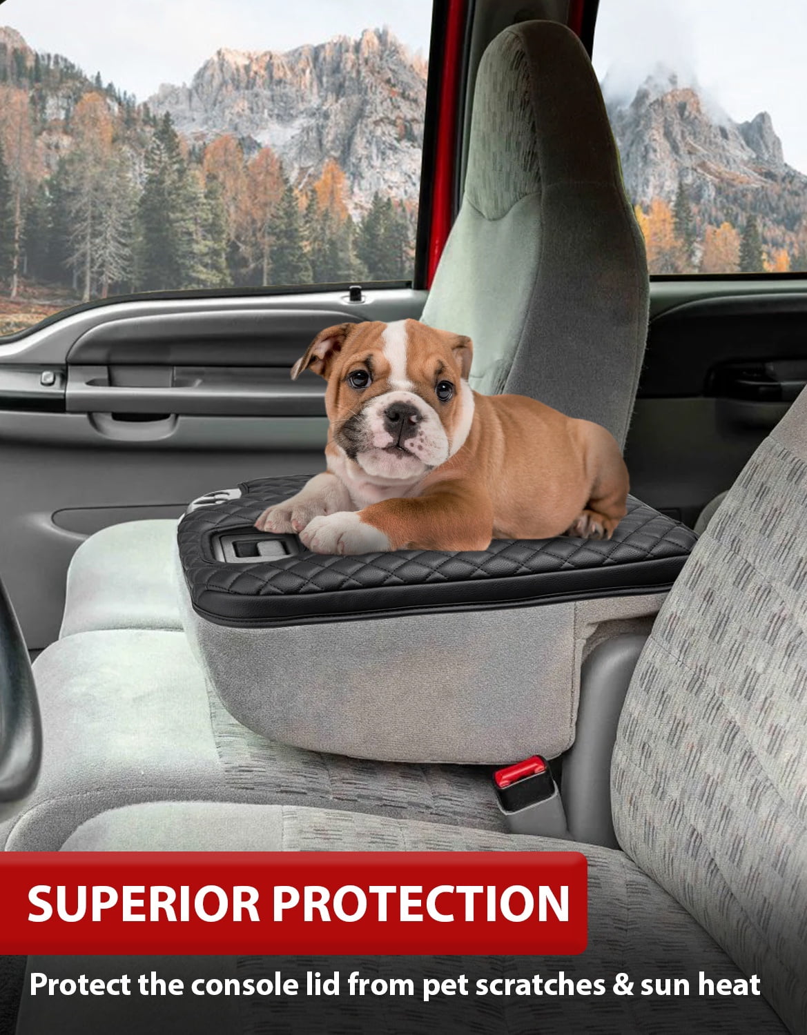 KBH Center Console Cover for 1999-2001 Ford F250 F350 F450 Super Duty with Jump Seat Console, Black Leather Armrest Cushion Pad for F250 Accessories