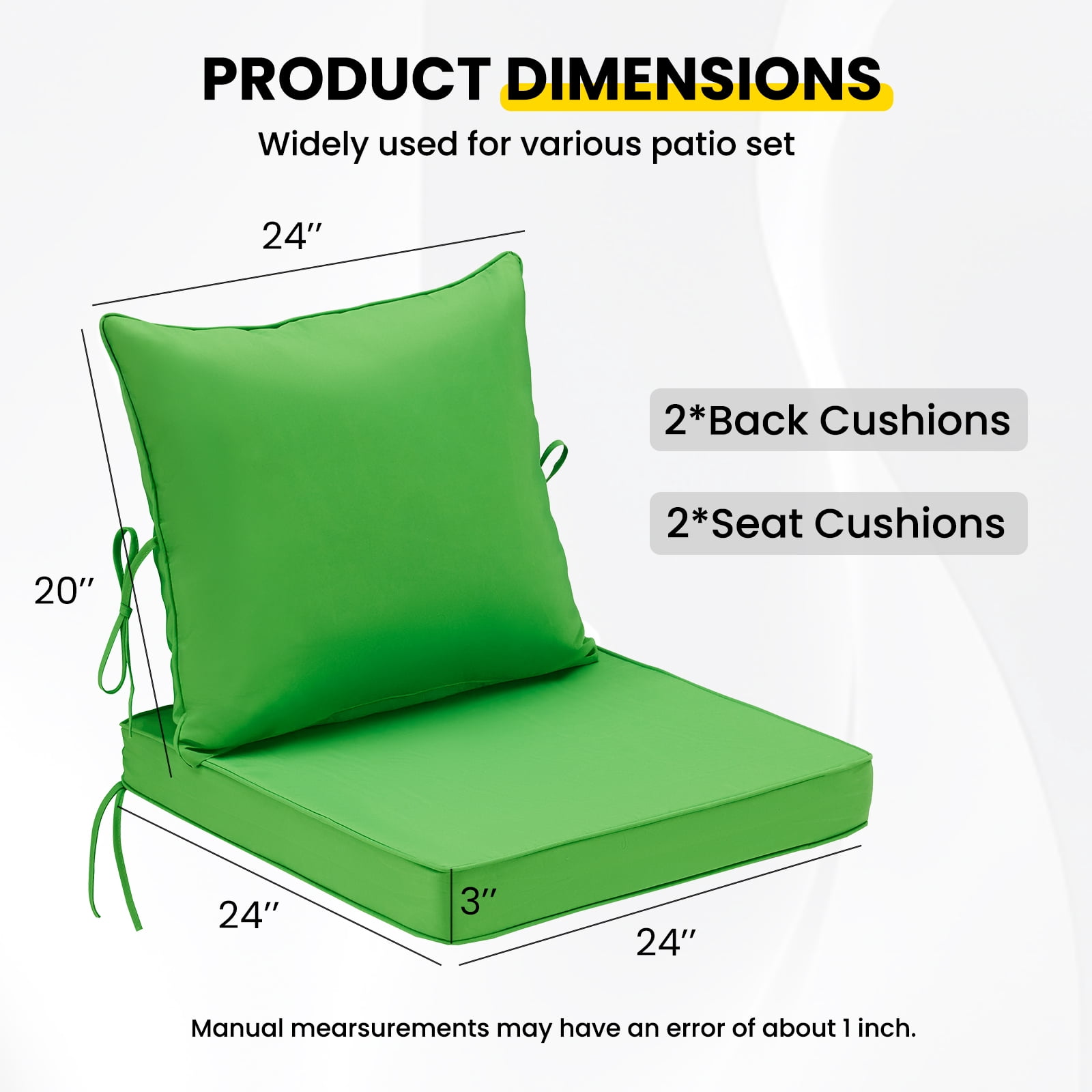 STARY Outdoor Deep Seat Cushions for Patio Furniture, 24"x24" Replacement Sectional Cushions for Outdoor Sofa, Armchair, 4 Pieces, Green