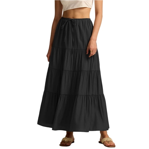 Fashion Long Skirts for Women Elastic Waistband Flowy Boho Maxi Skirt Summer Vacation Outfits A-Line Dress Black L