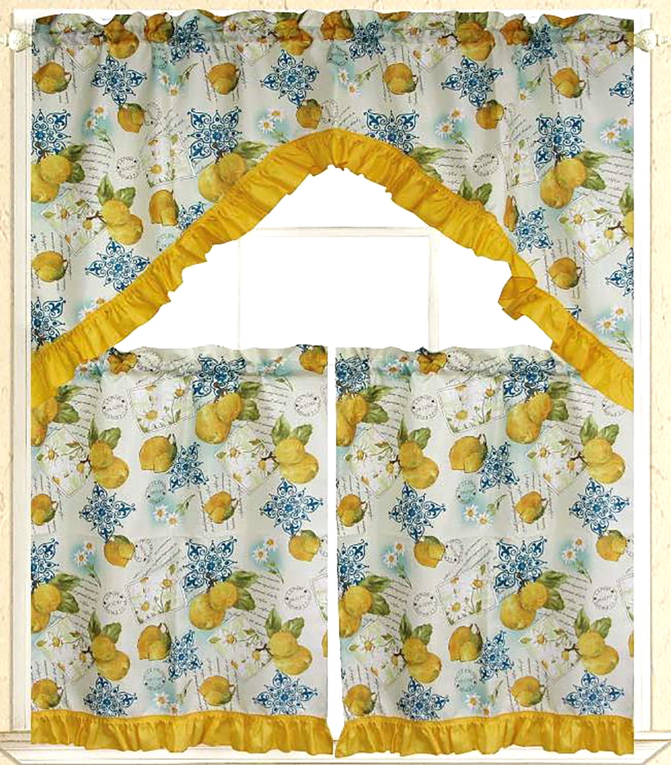 Limoncello 3 Piece Sheer Kitchen Curtain Set Yellow Valance 60x36 Limoncello 3 Piece Sheer Kitchen Curtain Set Yellow Valance 60x36 Tiers 30x36 Inches Com