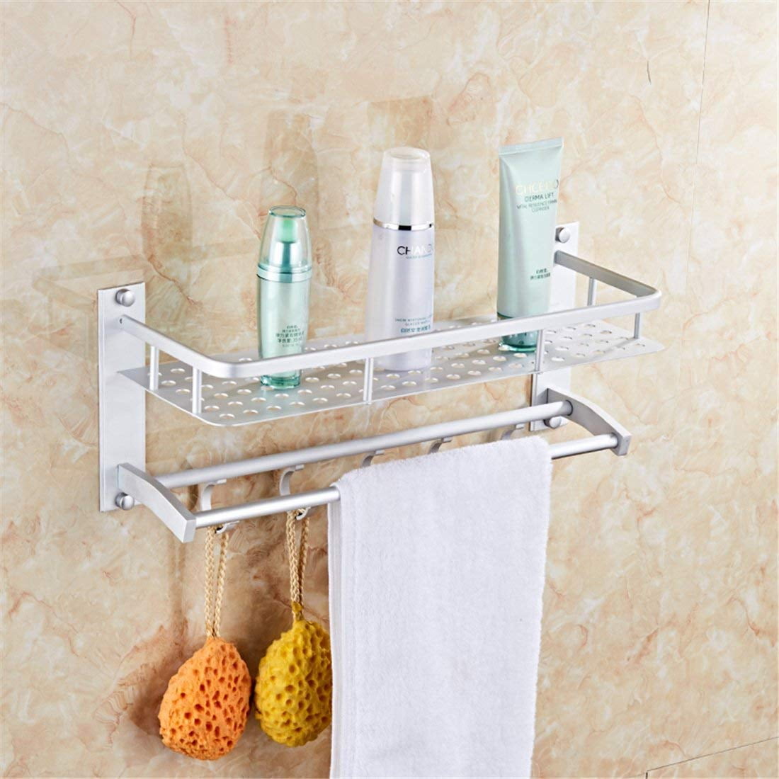 Wall Mounted Aluminum Bathroom Shelves Shower Caddy with 2 Towel Bar and Hooks Morden Double