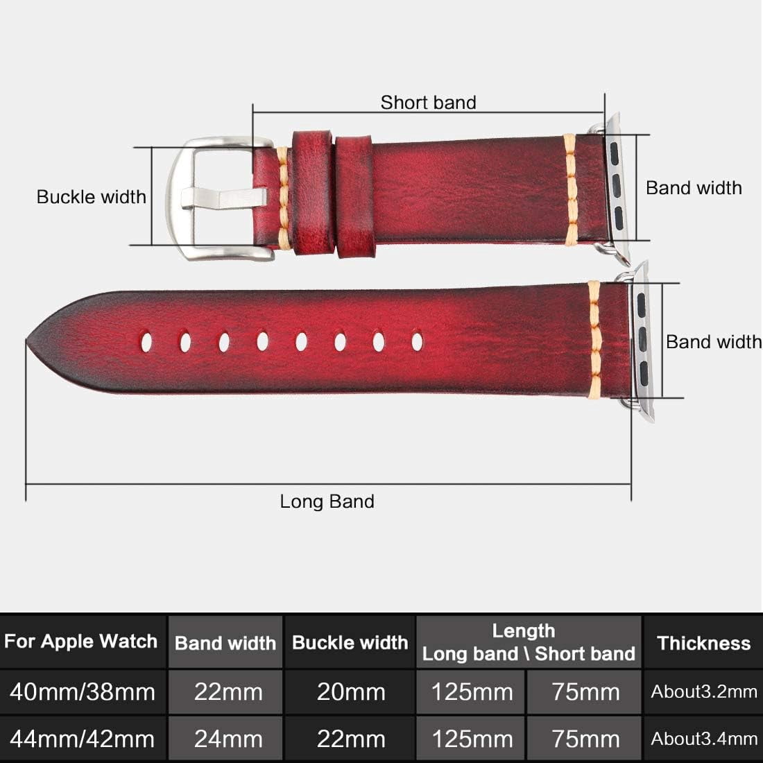 CRKMGS-Smartwatch Bands Compatible with Apple Watch, Vegetable Tanned Leather Watch Straps, Watch Bands Replacement for iWatch Series 10/9/8/SE, 38/40/41/42/44/45/46/49mm for Men, Women