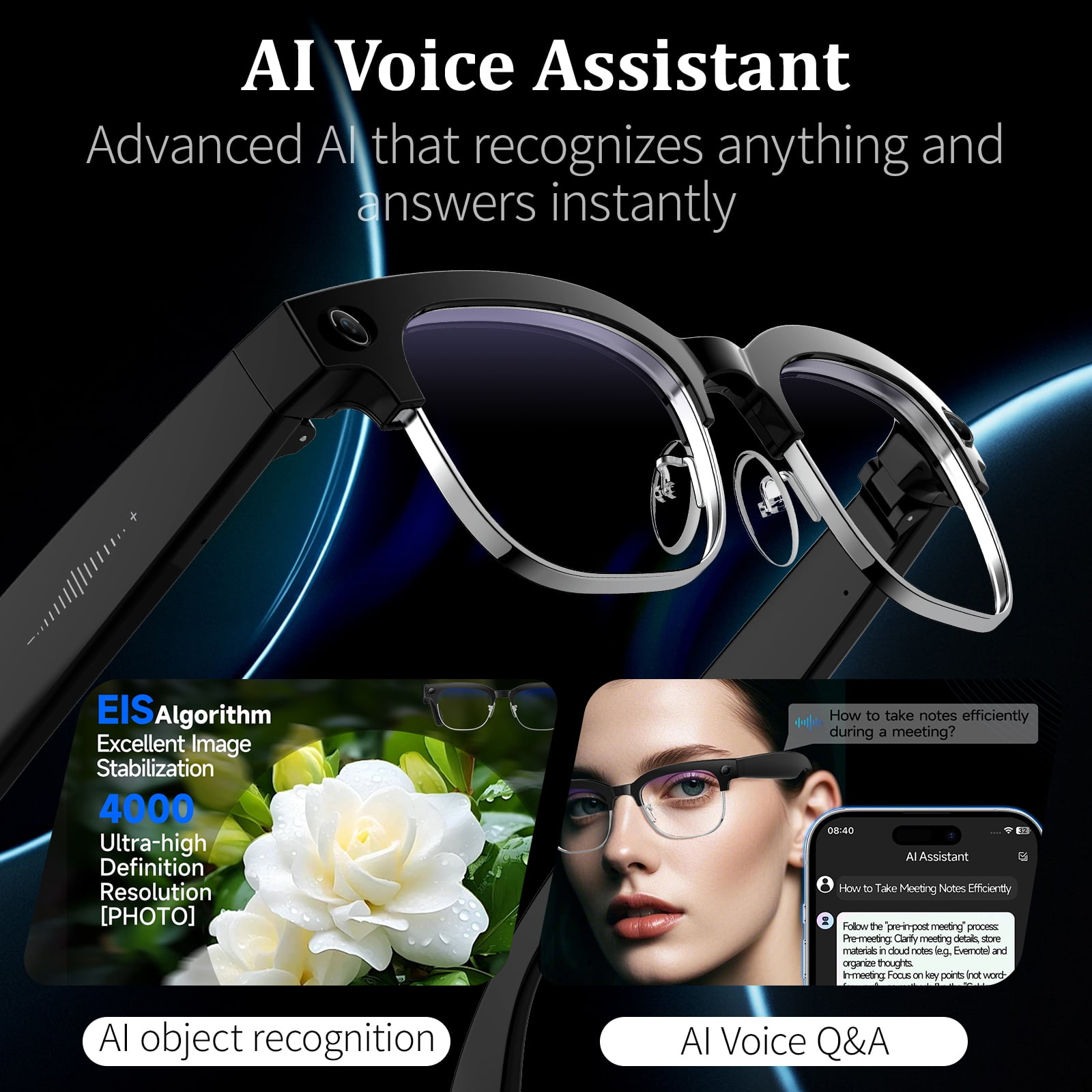 AI Smart Glasses with 8MP Camera, 4K Video & HD Photo, Bluetooth Audio, AI Voice Assistant, Real-Time Translation, Object Recognition, Noise-Cancel Calls, Music, Photochromic Lenses