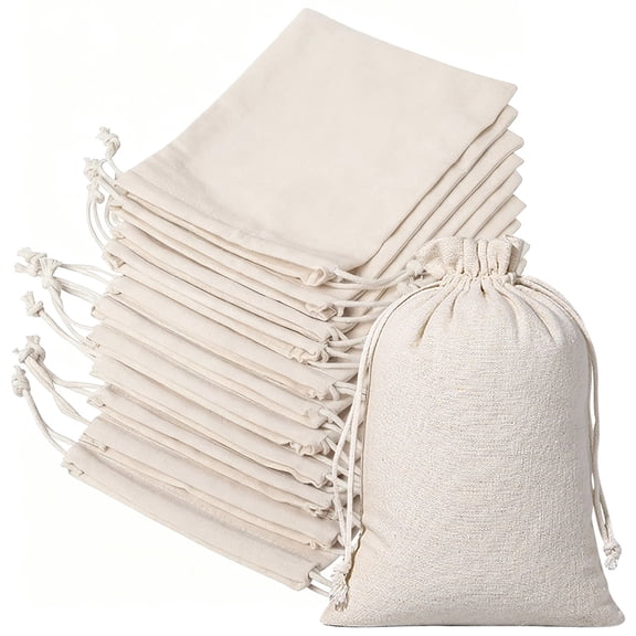 20 Pcs Cotton Fabric Bags, 6.7 x 9 in / 17 x 23 cm Drawstring Bags, White Muslin Gift Bags, Reusable Cotton Pouches for Party Favors, Wedding, DIY Craft