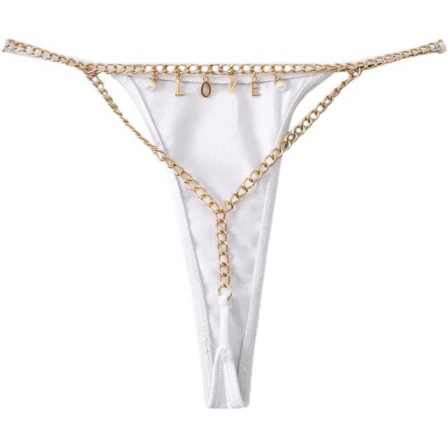Bikini brasileño con cadena inferior para mujer, traje de baño de corte alto Blanco M Blanco M Xishao ropa