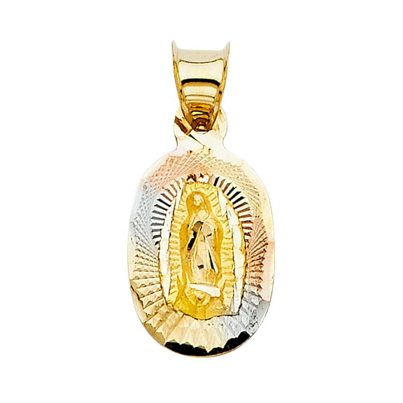 14K Gold Tri Color Diamond Cut Guadalupe Stamp Religious Pendant for Men Women