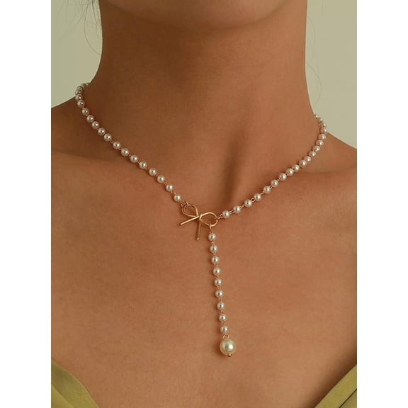 EOEMY 1Pc Elegant Cultured Faux Pearl & Bow Decor Y Lariat Necklace For Women For Gift-Default