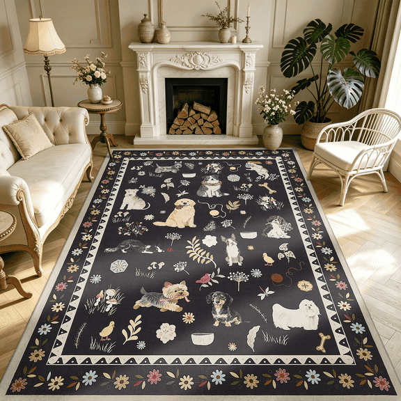 LUOVEN 5'x7' Area Rugs for Living Room,Non-Slip Dog Animal Print Stain Resistant Lightweight Low-Pile Rug, for Dining Room Office Bedroom (Black)