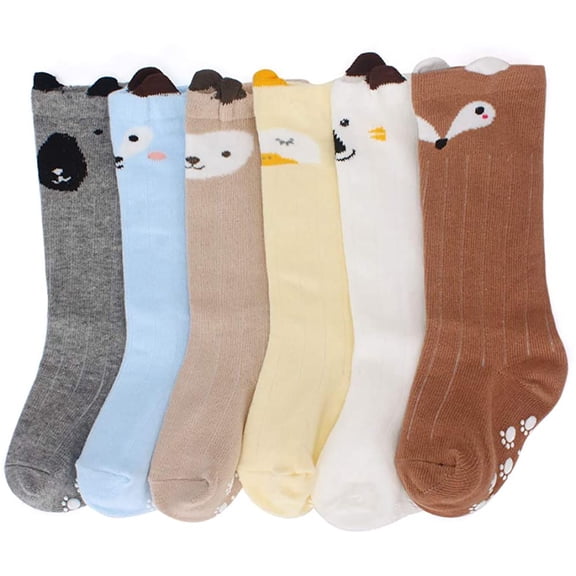 6 Pairs Cartoon Animal Non-Slip Baby Socks, Toddler Anti-SBoys Girls Cotton Grip Socks, Infant Walking Safety Floor Socks for Newborns, 6-Pack, Multicolor, Size S