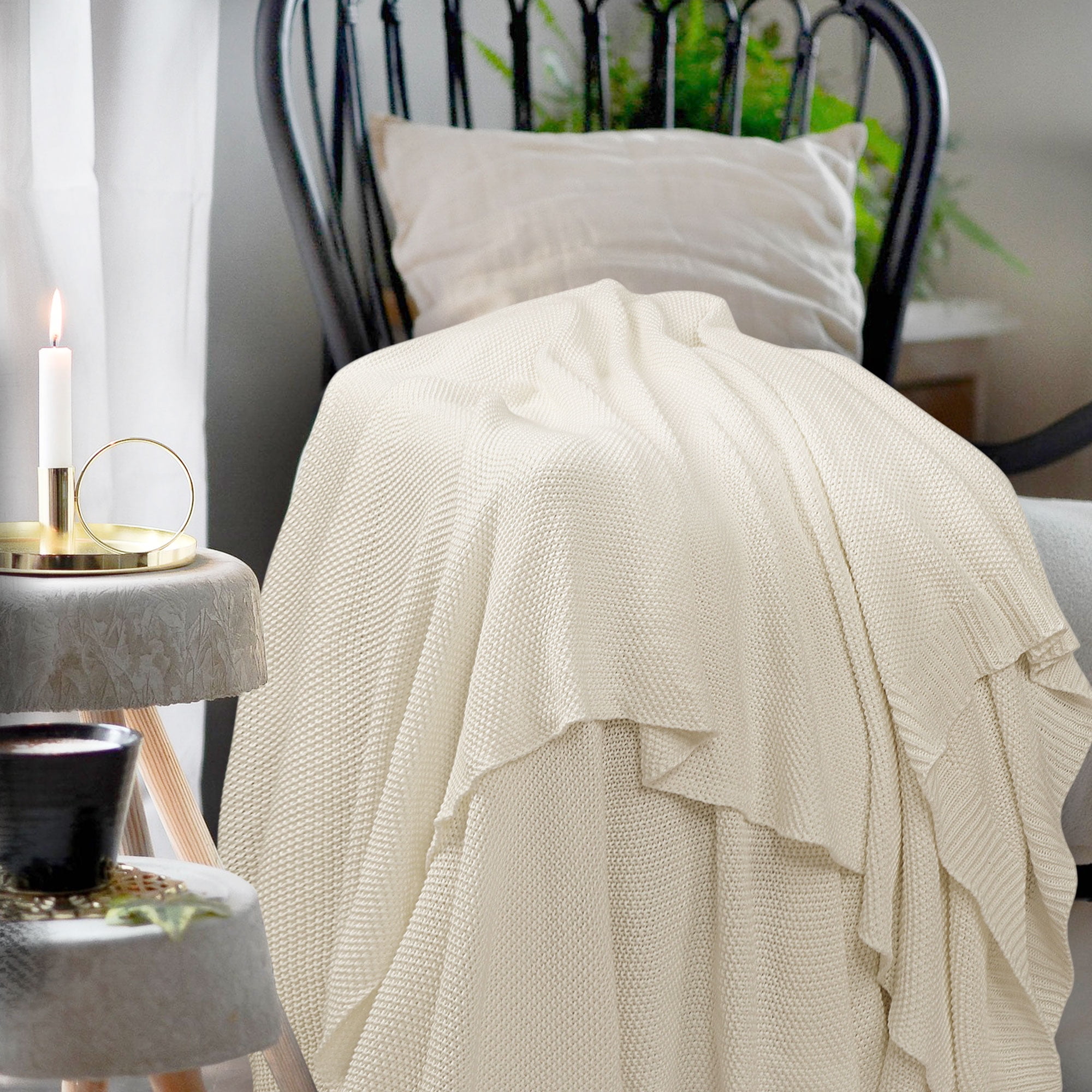 Unique Bargains Pure Cotton Soft Cable Knit Throw Blanket Beige 51" x 59"