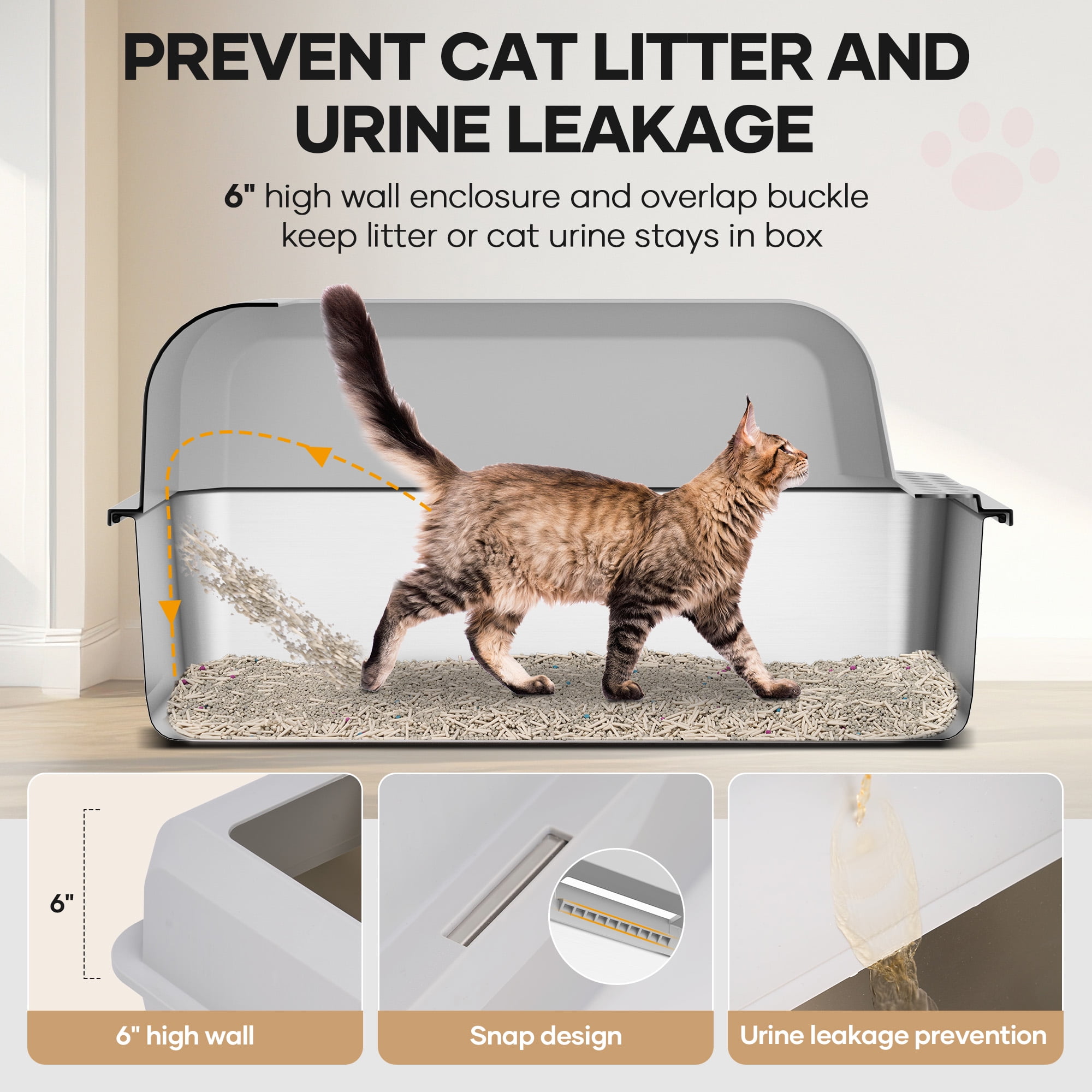 Naipo Stainless Steel Cat Litter Box with High Side,23.5"×15.5"×12"Extra Large Litter Box with Scoop and Footboard,for Small/Big/Multi Cats,Gray