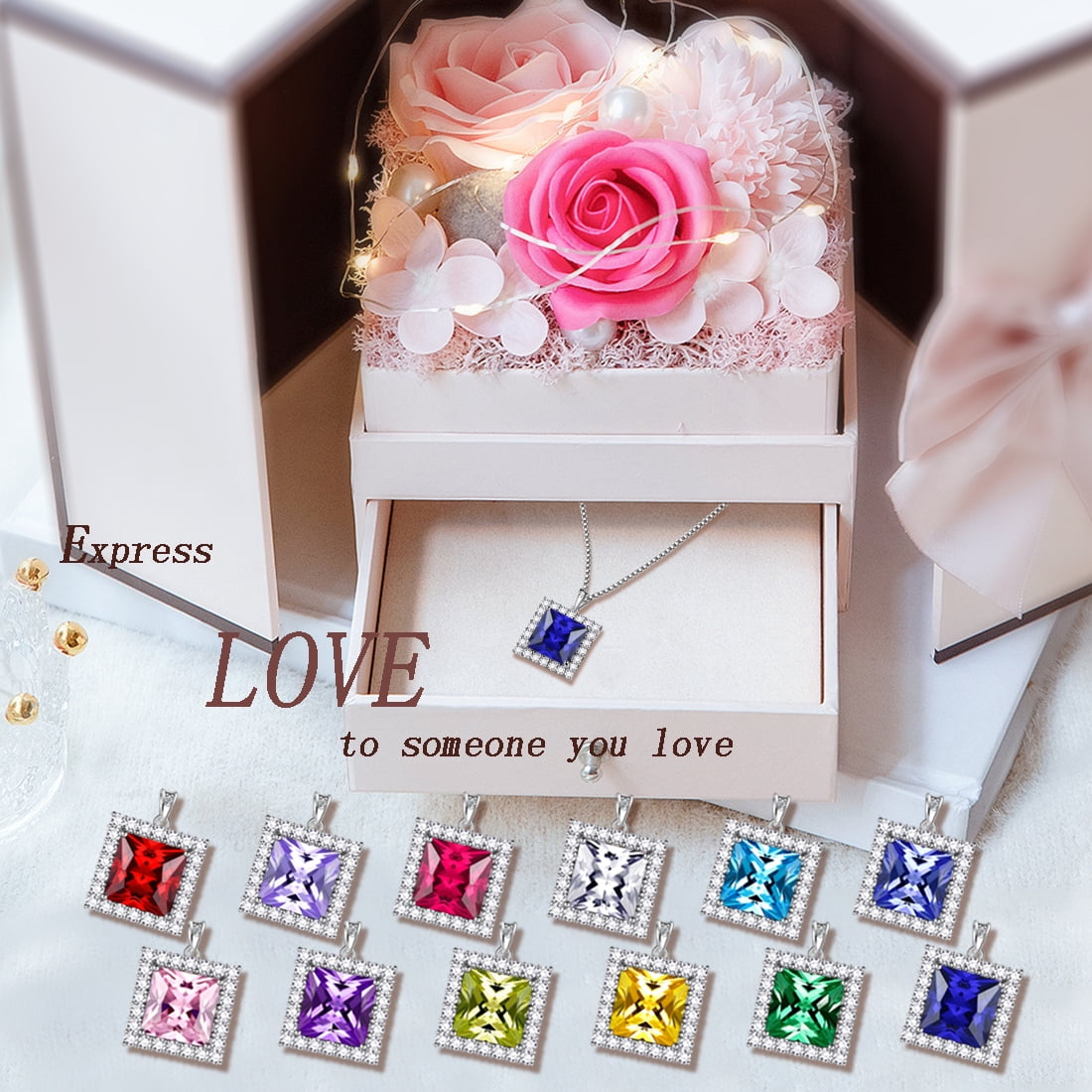 6 Carat March Birthstone Necklace Aquamarine Pendant Princess Cut Blue CZ 925 Sterling Silver Jewelry Women Birthday Xmas Mother's Day Gifts Juwaliy