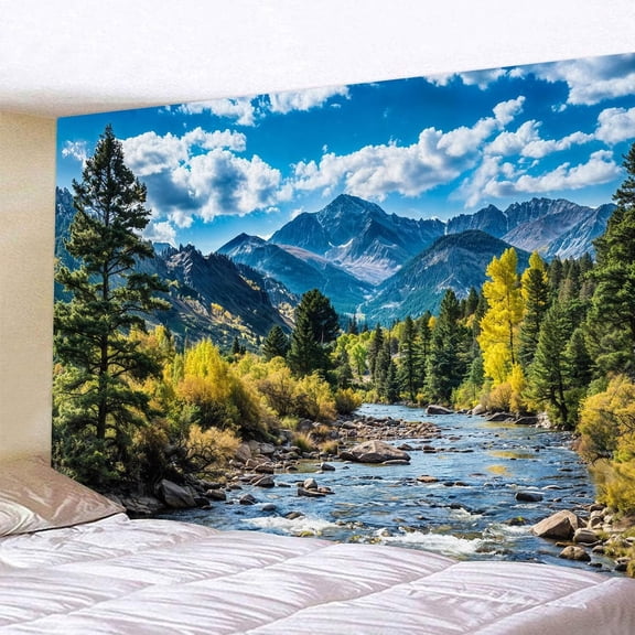 Nature Forest Mountain Tapestry Green Pine Tree Tapestry for Bedroom Aesthetic White Clouds Flowing River Landscape Classroom Tapestries Wall Hanging for Living Room Dorm Office90x60in